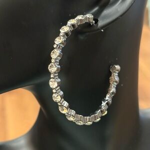 3” silver-toned hoop earrings with round-cut clear rhinestones